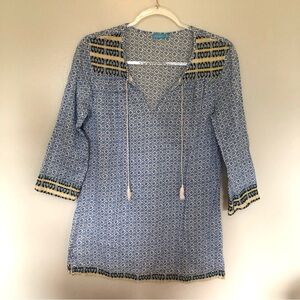 J. McLaughlin Tunic Top Tassels Blue Patterned XS